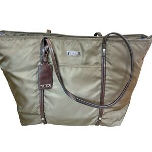 TUMI Olive Nylon Tote Bag Brown‎ Leather Trim Travel Shoulder Purse